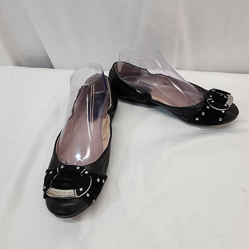 Antonio Melani Size 8 Black Leather Ballet Flats Buckle And Suede Studded Detail - Picture 2 of 9